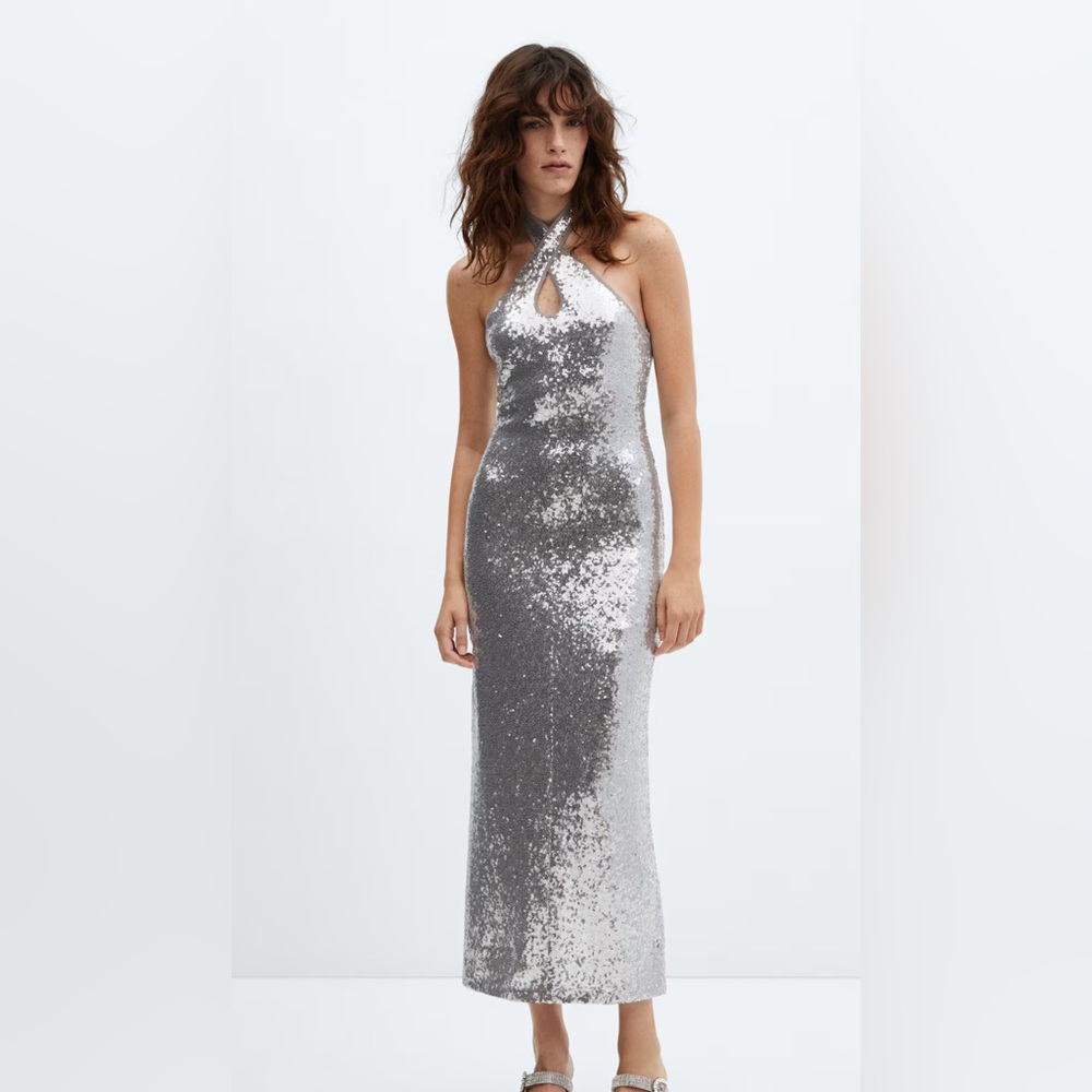 Mango Silver Sequin Halter Midi Dress